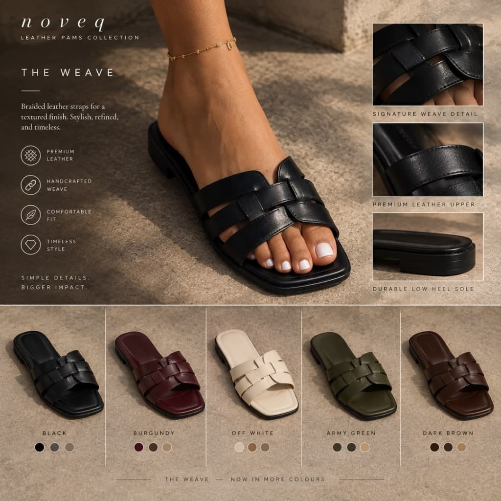 NOVEQ The Weave Slide Pam on model feet on stone pavement