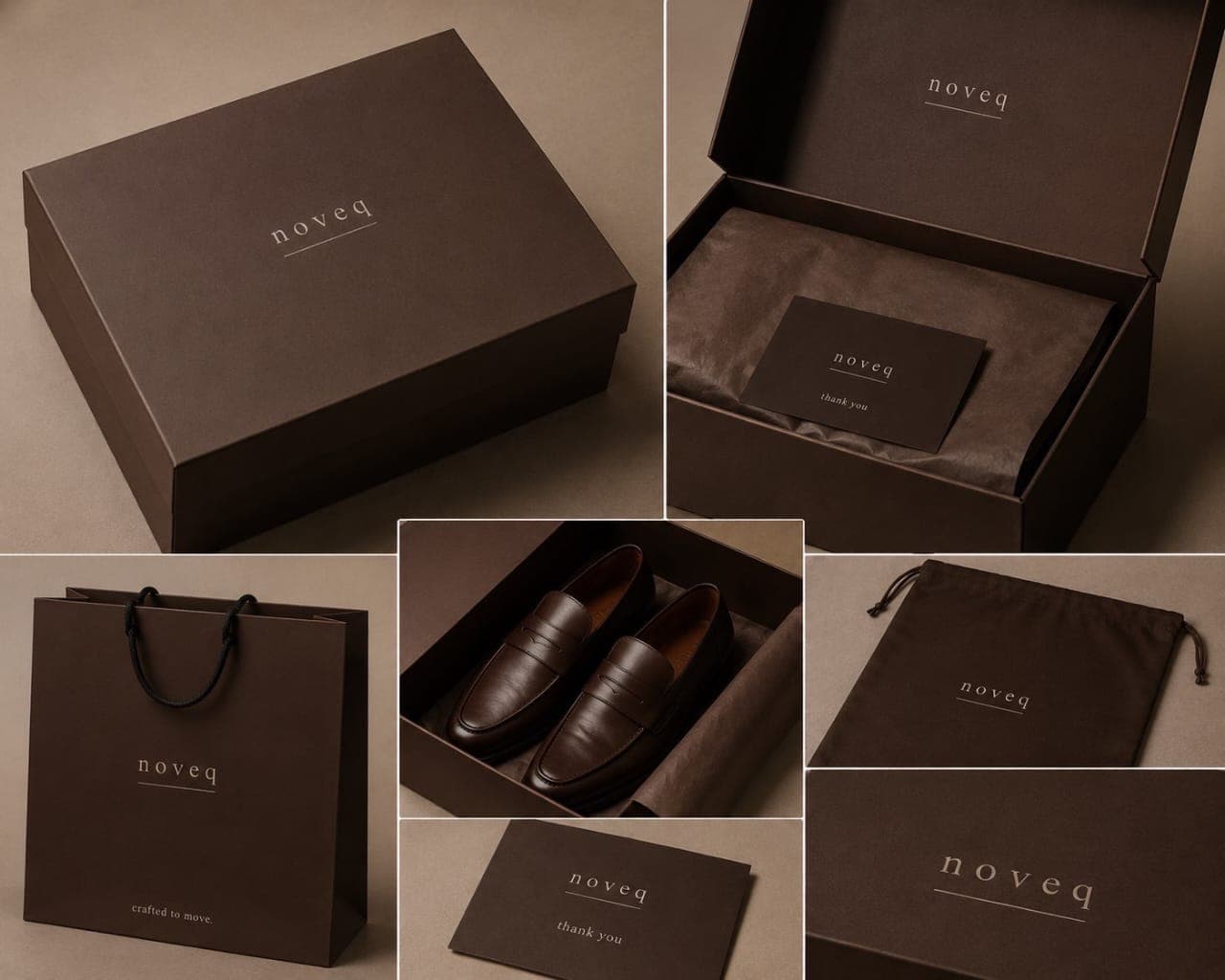 NOVEQ unboxing suite showing rigid chocolate box and presentation materials