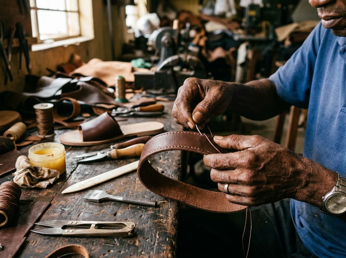 Master shoemaker hand-stitching leather footwear at workshop bench in Lagos