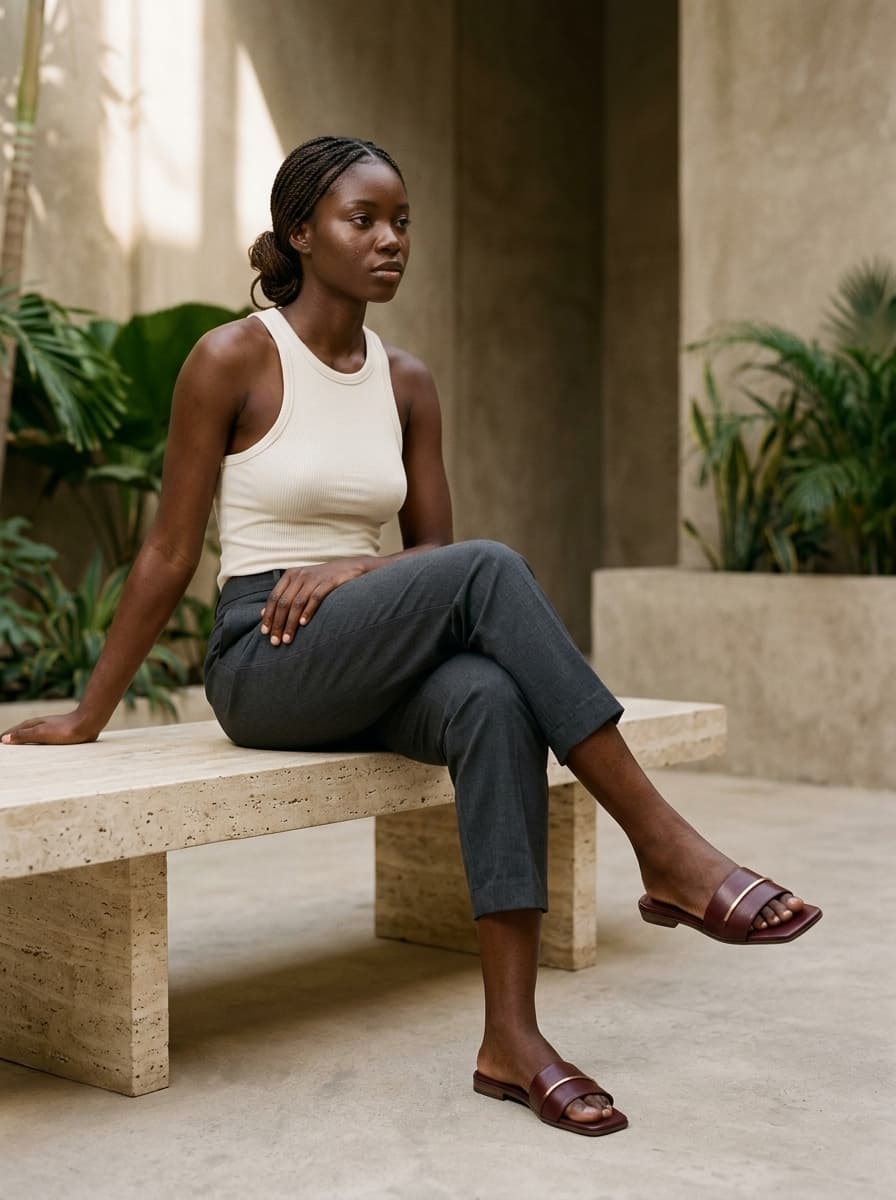 NOVEQ The Bar Slide Pam on model seated on travertine bench in sunlit Lagos courtyard
