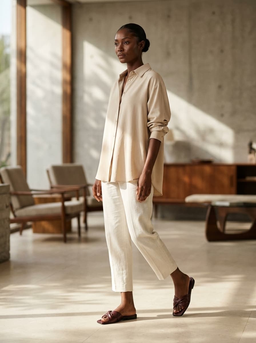 NOVEQ The Twist Slide Pam on model in sunlit modernist Lagos interior with bone linen trousers