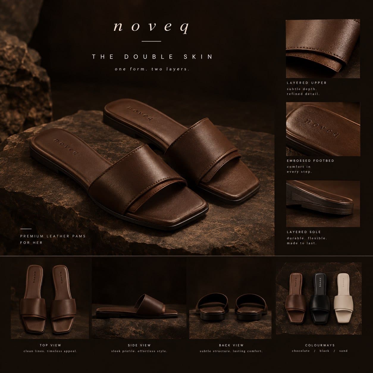 NOVEQ The Double Skin Pam showing layered leather construction and debossed footbed