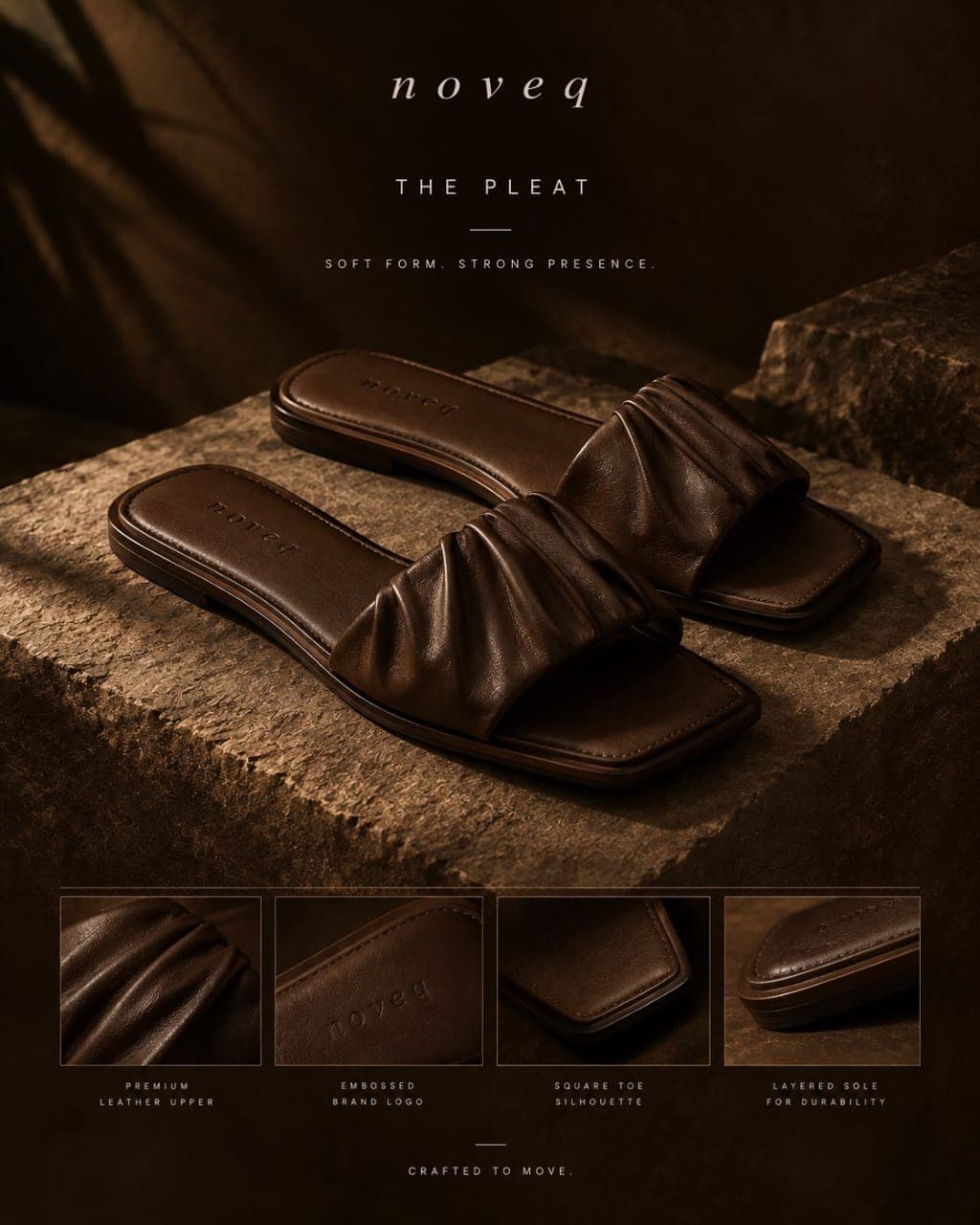 NOVEQ The Pleat Slide Pam in hand-ruched deep espresso leather