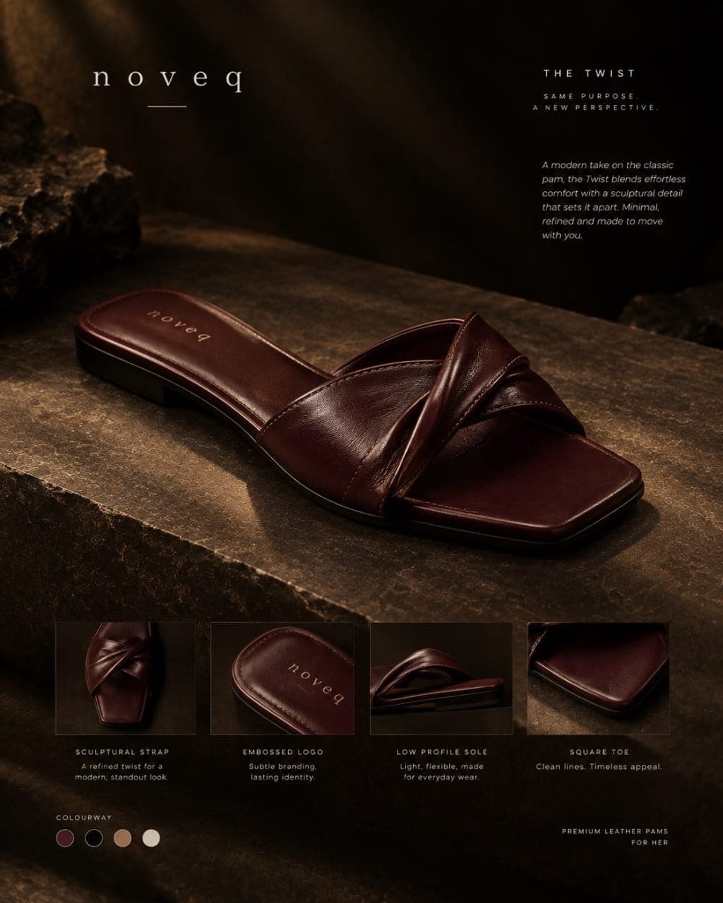 NOVEQ The Twist Slide Pam in rich oxblood burnished full-grain leather on stone plinth